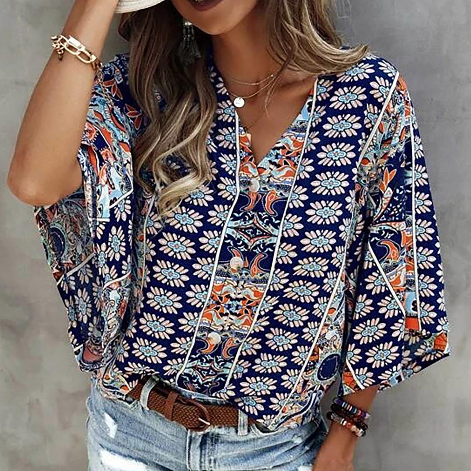 HUTONG Women's Casual Bohemian V Neck Top Loose Floral Print Long Sleeve  Beach Shirt Blouse Oversized V Neck T Shirts for, Blue, X-Large :  : Clothing, Shoes & Accessories