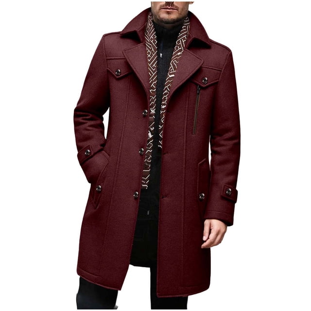Lovzfmll Men's Wool Trench Coat Detachable Scarf Multiple Pockets Wine, S