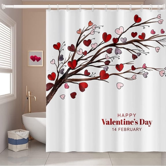Happy Valentine''s Day Shower Curtain for Bathroom Romantic Red Love Heart Trees Branches February 14 Shower Curtain with Hooks Decorative Waterproof, 72x72 Inch