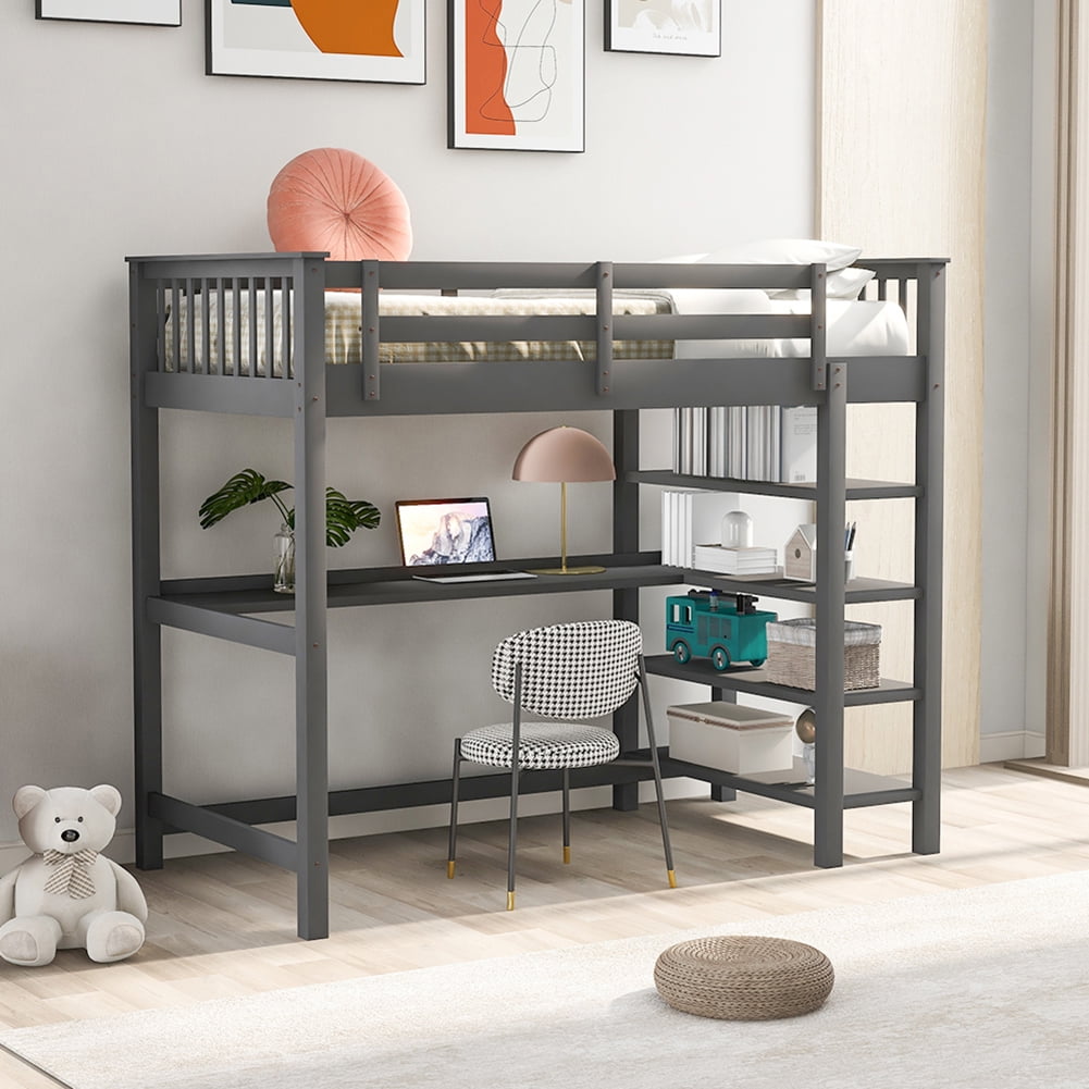 Kadyn Twin Size Loft Bed with Storage Shelves and Under-bed Desk, Gray