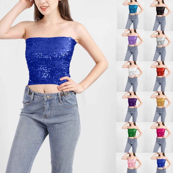 Mgmyaa Women's Casual Tube Top Square Neckline Pull-On Sequin Stretchable Skinny Solid Color for Casual