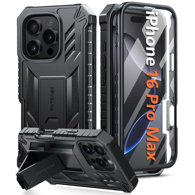 Funda de teléfono FNTCASE para iPhone 16 Pro-Max de grado militar, negra