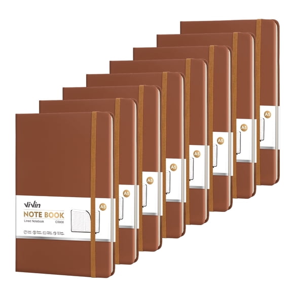 Vivin 8 Pack Lined Journal Notebooks for Writing, 192 Pages, 5.5 x 8.3 inch, Hardcover, Brown