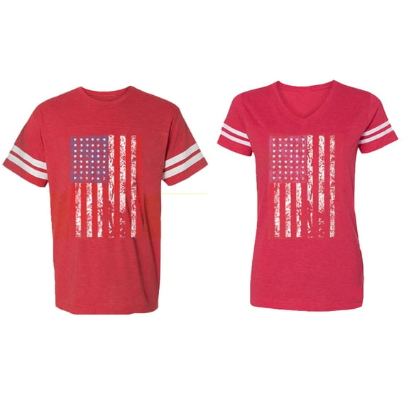 American Flag Matching Couple Cotton Jerseys (Men Red / Women Red) (Men L / Women XXL)