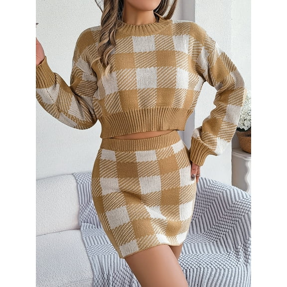 Checked Woollen Top & Skirts Co-Ords (S, Beige)