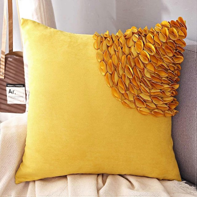 Decorative 3D Floral Throw Pillow Cover Ultra Soft Velvet Cushion Case Square Home Sofa Bed Room Farmhouse Decor 18 x 18 Inch Yellow