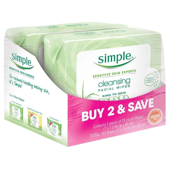Simple Cleansing Facial Wipes Boxed 6 packs x 25 wipes Total 150 Wipes