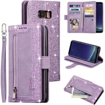 Wallet Phone Case for Samsung Galaxy S8 Plus, Retro Matte 9 Card Slots Holder Zipper Pocket Case PU Leather Magnetic Closure Kickstand with Wrist Strap Shockproof Folio Flip Case - Purple