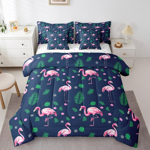 YST Flamingo Comforter For Kids Girls, Cartoon Animal Fitted Sheet Queen Size Toucan Flamingos Flat Sheet Palm Leaves Pillow Cases Kawaii Decor Throw Pillow Covers, Dark Blue