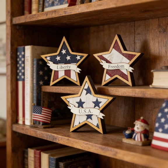 Tepsmf 4th of July Decorations Wooden Stars, Patriotic Memorial Day Star Tiered Tray Decor Set of 3, Fourth of July Red White Blue Decoration for Home Office Table Shelf