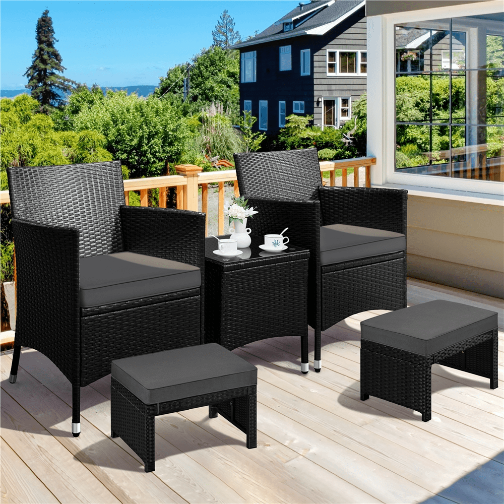 Alden Design 2PCS Wicker Ottomans with Removable Cushion for Patio, Black/Gray