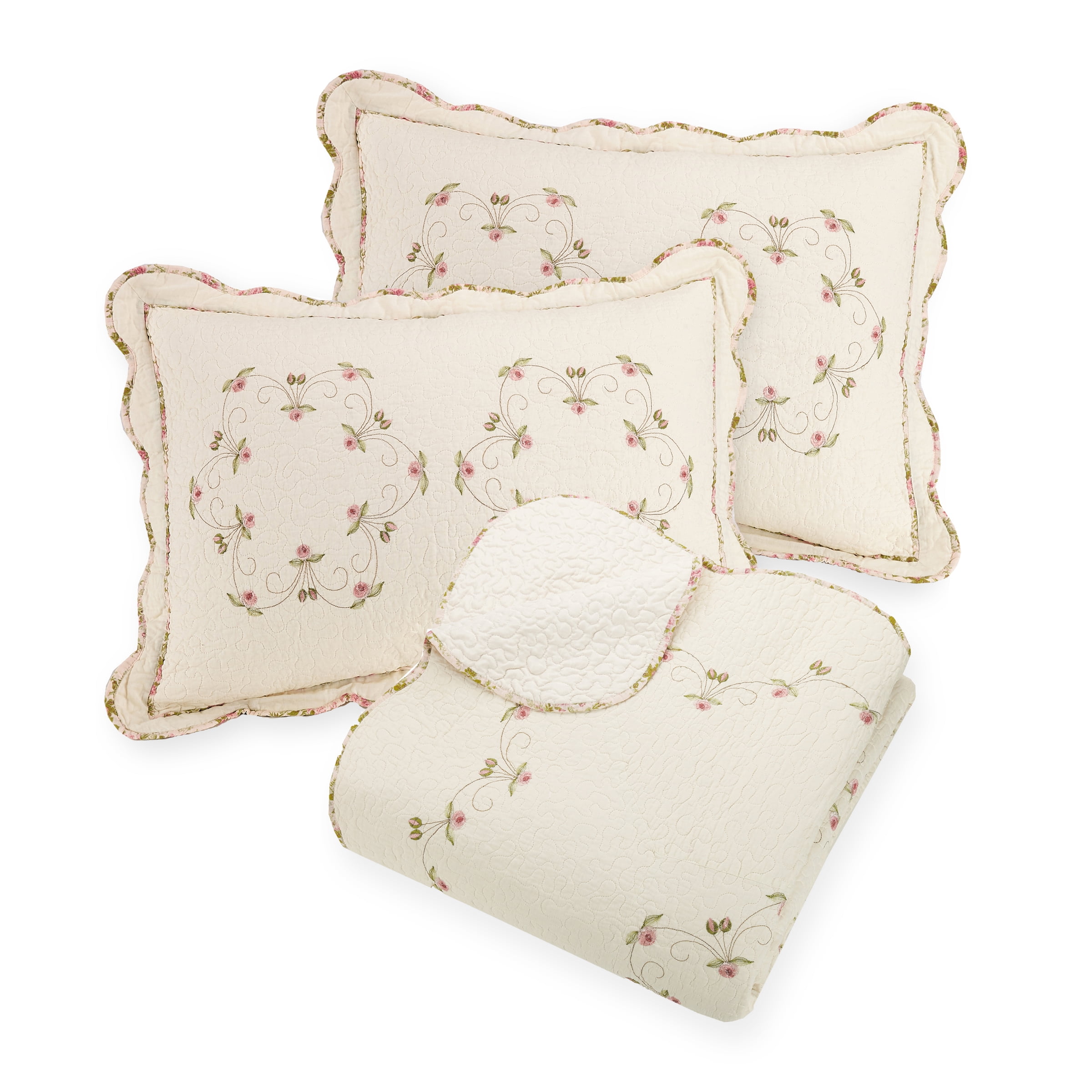 Modern Heirloom Felisa Cream/Pink Floral Embroidered 3-Piece Quilt Set, Full/Queen