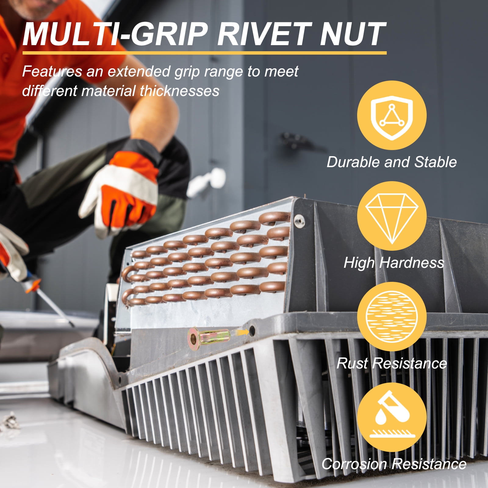 Uxcell M6 Multi-Grip Rivet Nuts Pre-Bulbed Shank Flat Head Threaded Insert Nuts Carbon Steel Zinc White Plated, 25 Pcs