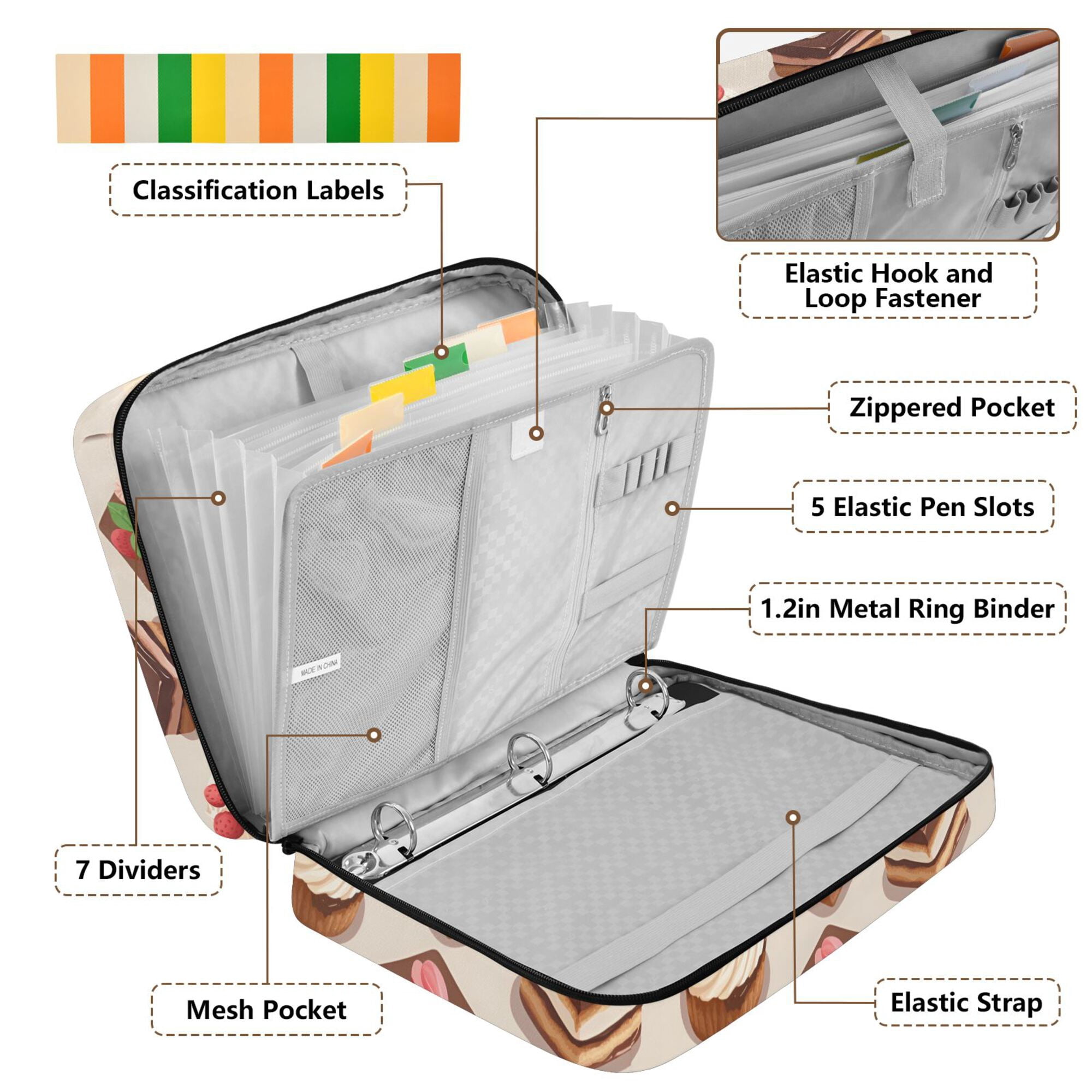 FORMRS Accordion File Folder A4 Size 7-Pocket Expanding Document Organizer Bag with 3 Ring Binder, Cute Chocolate Cakes