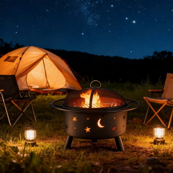 PATIO-IN 24 Inch Outdoor Fire Pit, Star and Moon Cutout Steel Fire Bowl with Mesh Spark Screen, Poker & Grate, Wood Burning Fire Pit for Patio Backyard Camping, Black