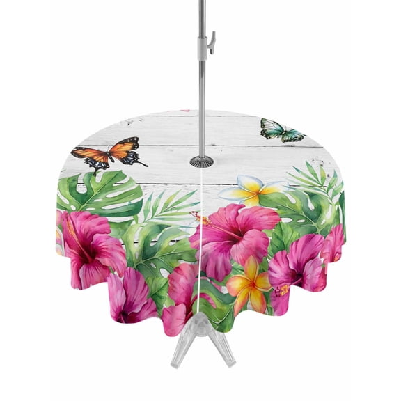 Outdoor Tablecloth with Umbrella Hole for Patio/Picnic/Party/Camping, Tropical Spring Waterproof Table Cloth Round Cover Washable, Floral Leaves Butterflies Gray Wooden (Dia 60")