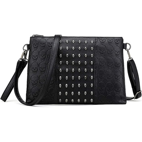 Women Punk Skull Print Clutch Satchel Shoulder Tote Handbag Purse Black