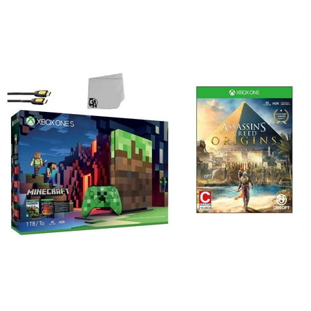 Microsoft 23C-00001 Xbox One S Minecraft Limited Edition 1TB Gaming Console with 2 Controller Included with Assassin's Creed- Origins BOLT AXTION Bundle Used