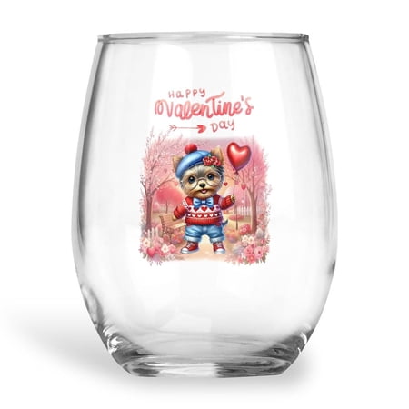 Happy Valentine’s Day Adorable Yorkshire Terrier Puppy Holding Heart Balloon 15oz Stemless Wine Glass Mug Yorkie Dog Lover Gifts Wine Glasses Cup - 00030