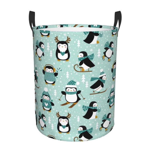 Balery Winter Skiing Penguin Cesta de ropa redonda con asas, impermeable, independiente, para ropa, juguetes, dormitorio y familia-Medium