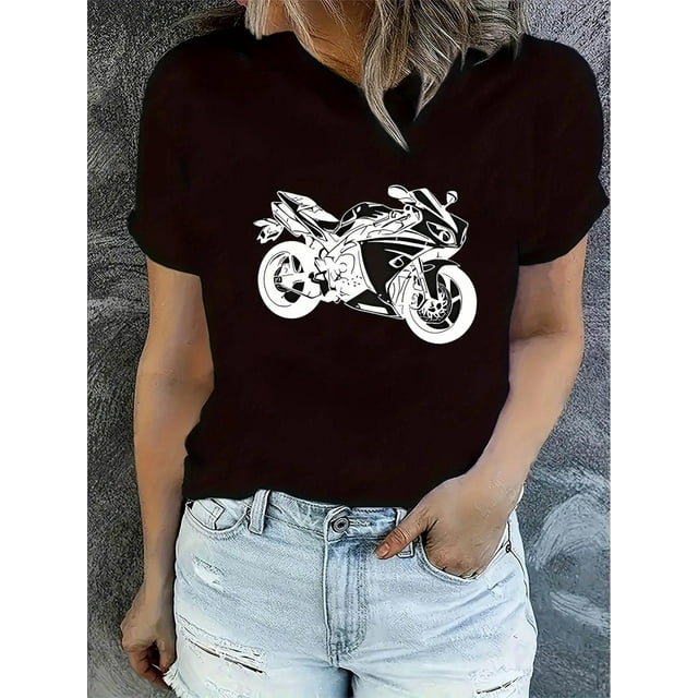 Camiseta De Verano Mujer1pc Women'S Casual Crew Neck T-Shirt with Geometric Motorcycle Print, Polyester Knit Fabric, Medium Stretch, All-Season Fashion TopFather's Day, Mother's Day, New Year, Sprin