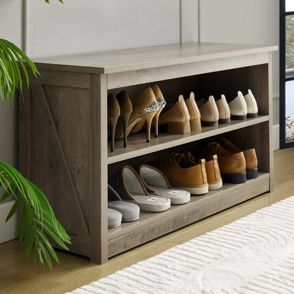 Farmhouse Shoe Bench with Storage - 3-Tier Gray Entryway Organizer, Removable Shelves for Hallway