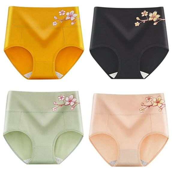 Woman High Waist Panties,Women Briefs,Abdomen Panties,Floral Printed Briefs,Elastic Loose Panties,Female Breathable Underpanties,Menstrual Period Underwear,4pcs