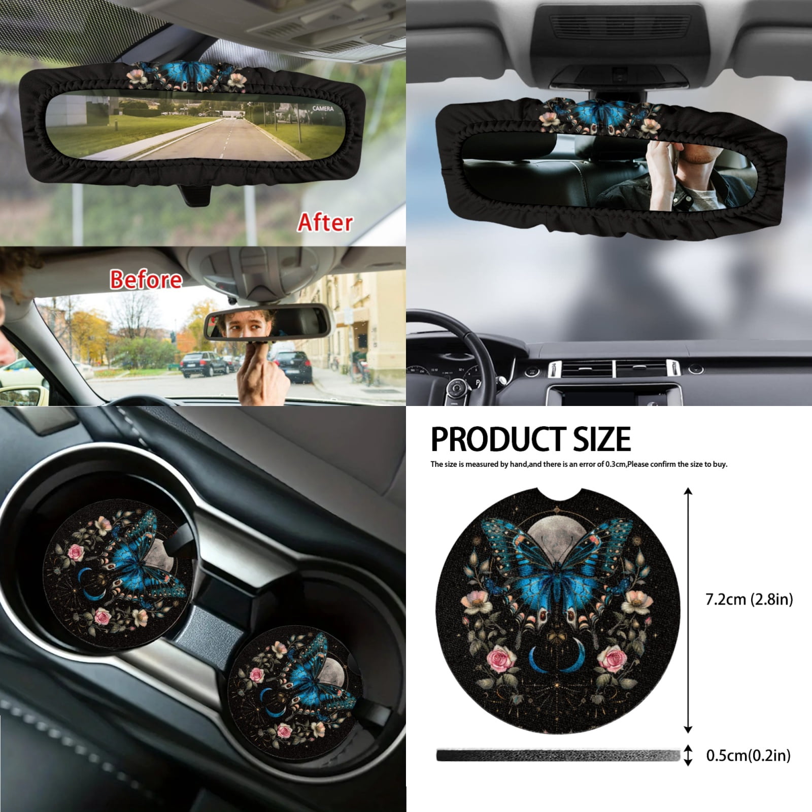 Jeiento Butterfly Car Seat Covers Full Set with Steering Wheel Cover Safe Belt Pads Moon Handbrake Cover Set Coasters Garbage Bin Rear View Mirror Cover Center Console Cover, 14 PCS