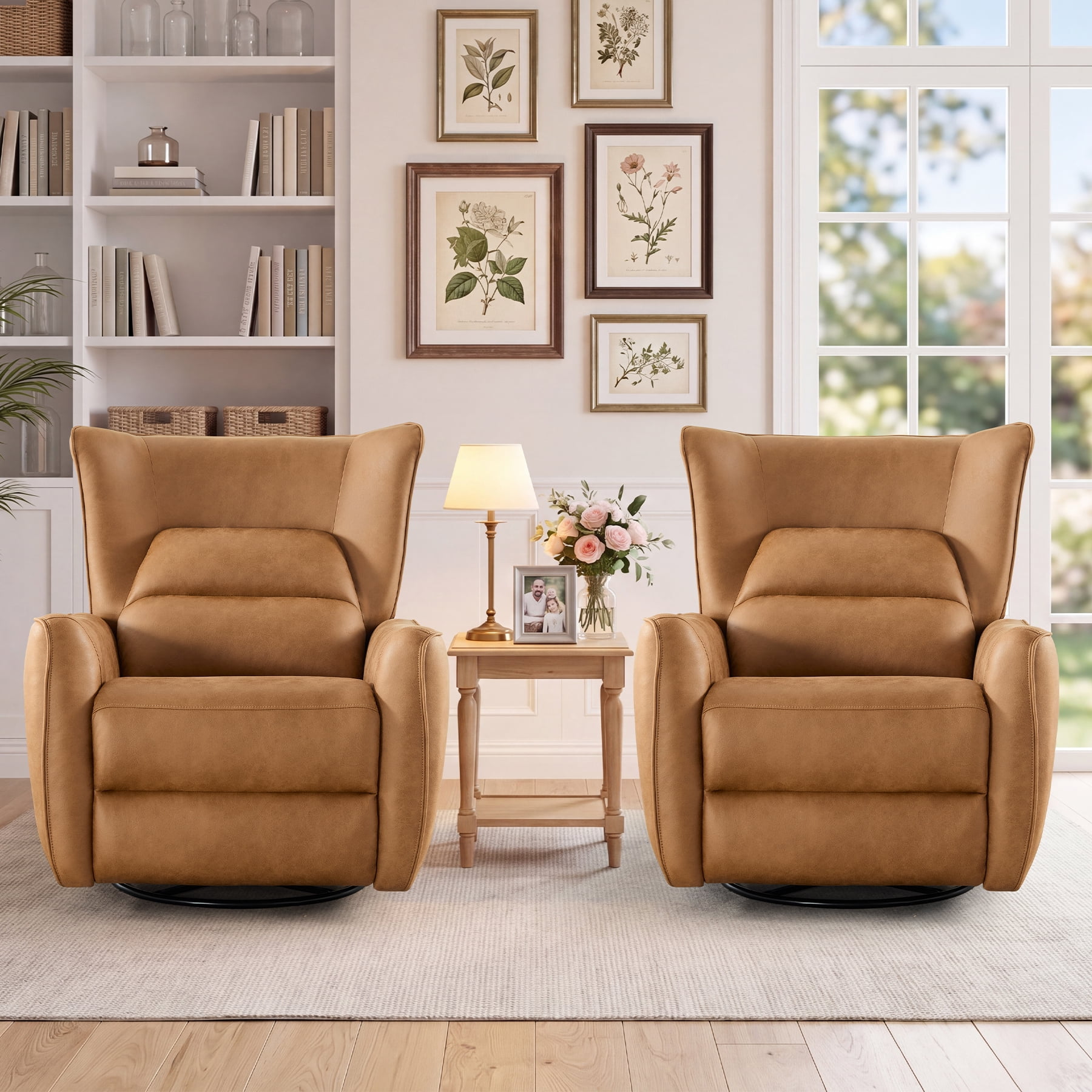 Bonzy Home Swivel Rocker Recliner Set of 2, Power Electric Recliners with Highly Enveloping Backrest Rocking Recliner Chair Leathaire Reclining Sofa for Living Room, Camel
