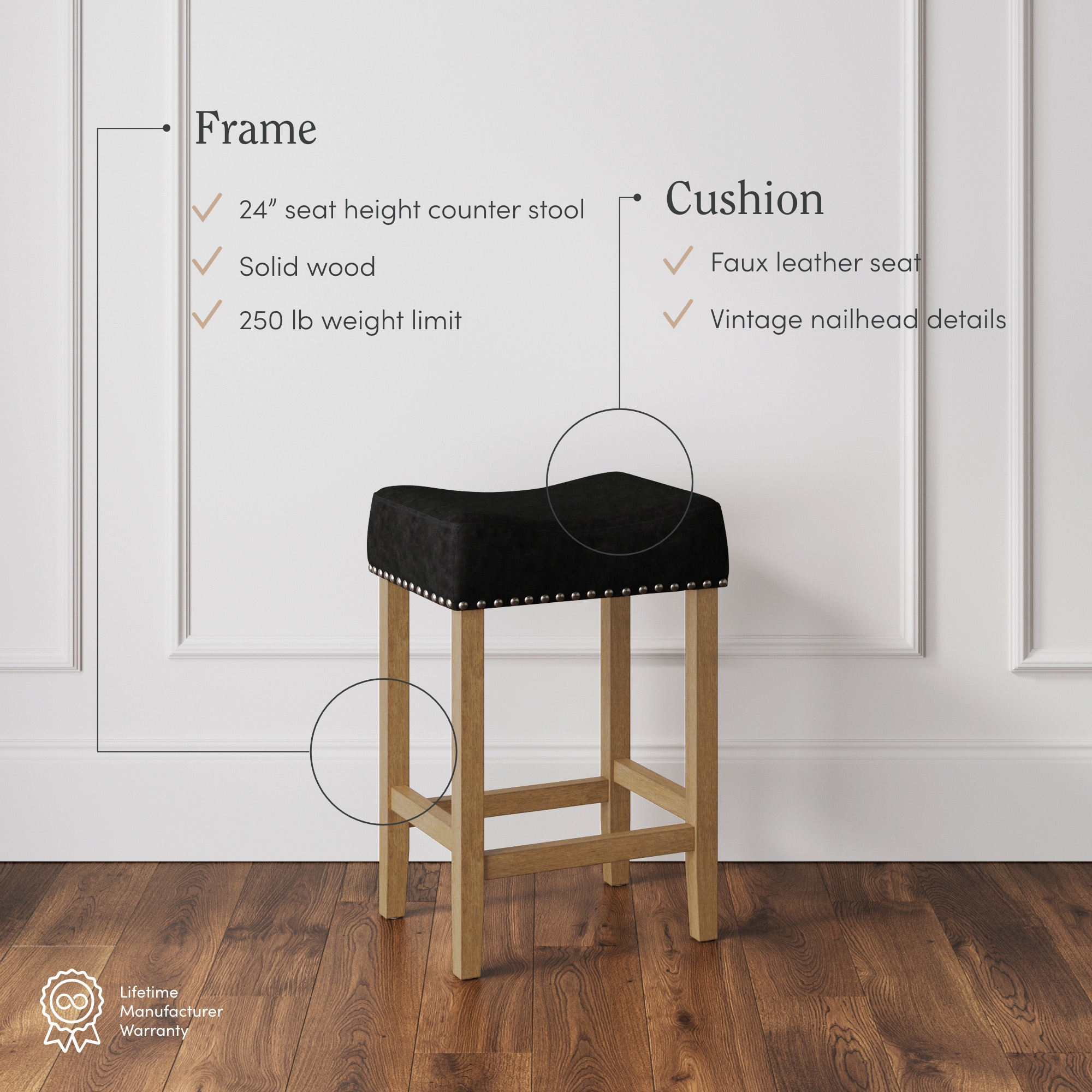 Nathan James Hylie Nailhead Wood Pub-Height Counter Bar Stool 24" Black Fabric Cushion Light Brown Finish