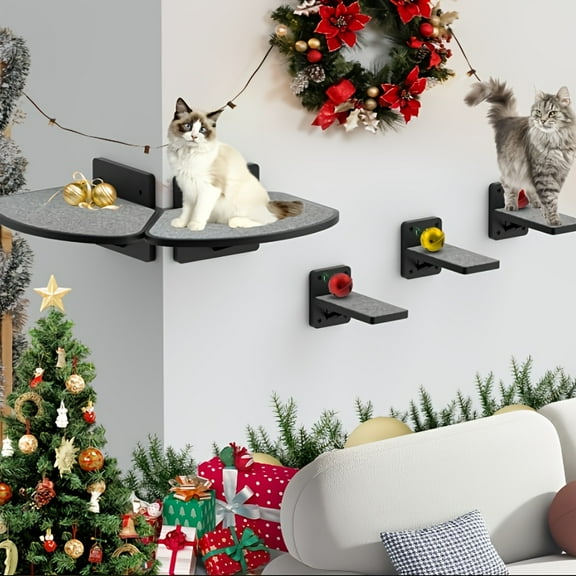 Wall-Mounted Cat Furniture - 2PCS Shelves and Perches With 3 Steps and Scratching Pad, Climbing Condo Fit for Cats Up to 15Lbs, Wood Hammock Mount