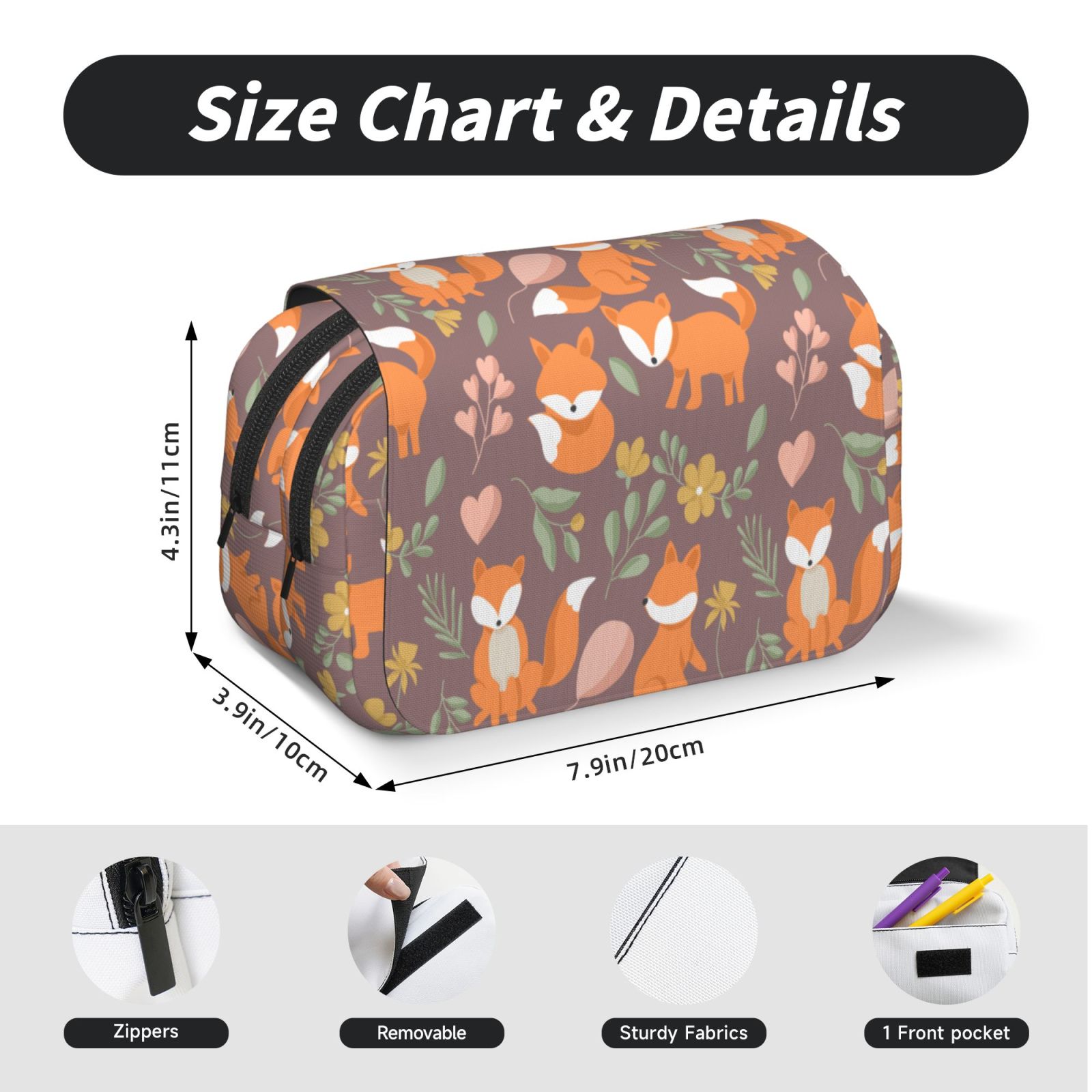 Rateoe Cute Little Fox Pattern Double Clamshell Pen Case, Storage Organizer with Two Zipper Compartments– Holds Up to 50 Pencils & Pens