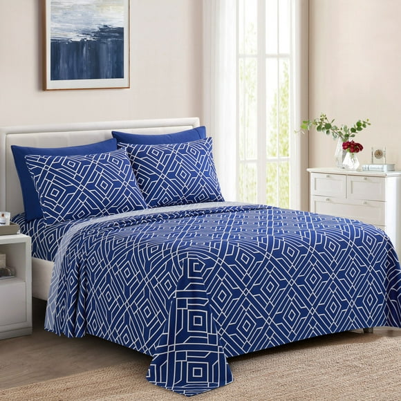 Marina Decoration Ensemble de Draps 6 Pcs en Rayonne de Bambou Ultra Doux Soyeux à Poches Profondes Imprimé Riche pour Toutes Saisons avec 4 Taies d'Oreiller, Motif Géométrique Bleu Taille Grand