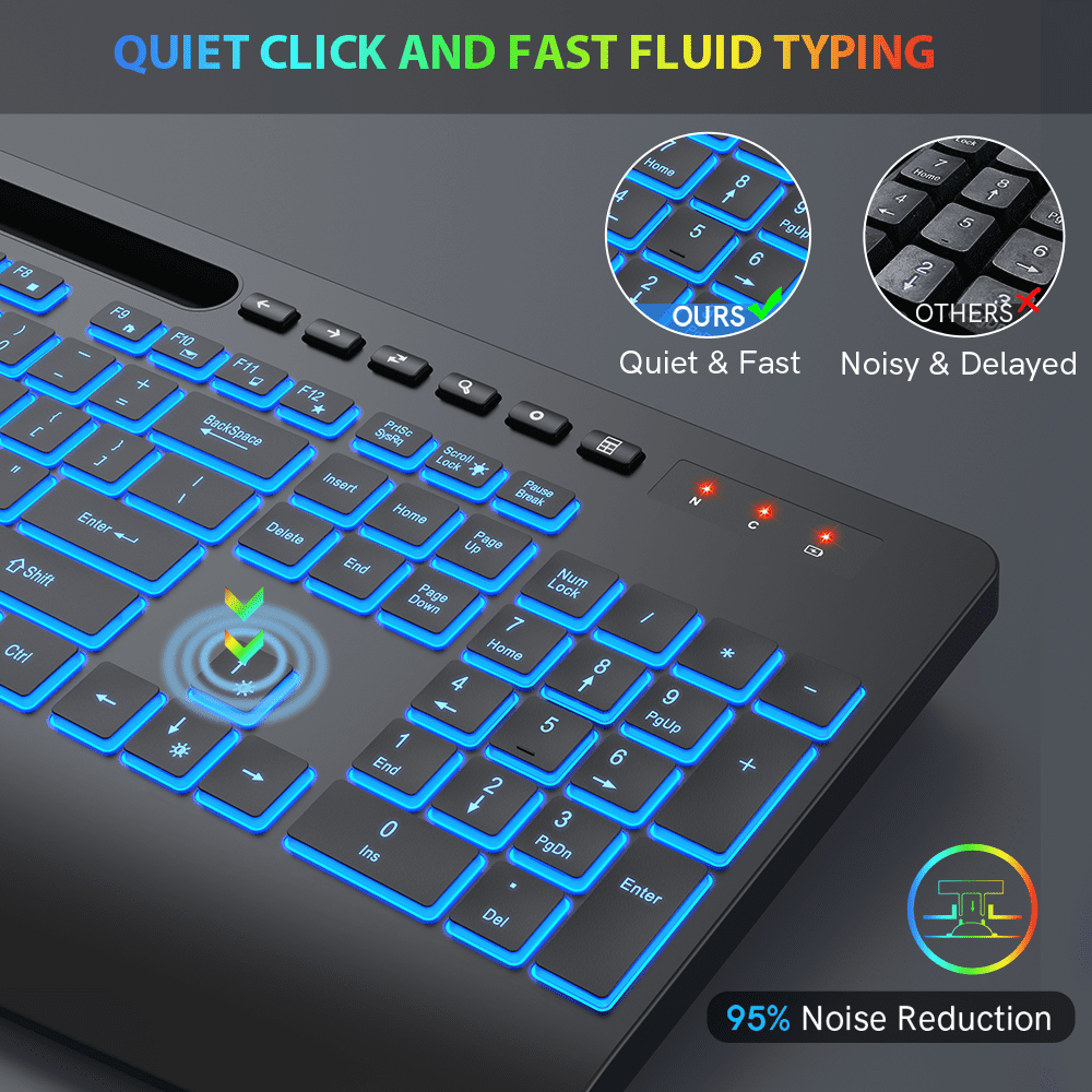 Wagpak Wireless Keyboard 7 Color Backlit Wrist Rest Rechargeable 112 Keys Quiet Keyboard