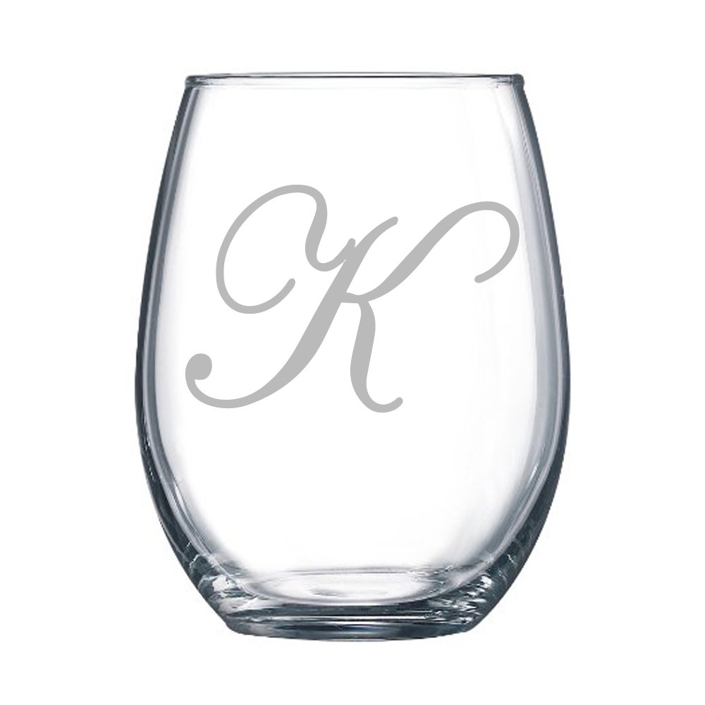 4pc Precious Script Personalized 15 oz Stemless Wine Glass, Letter K