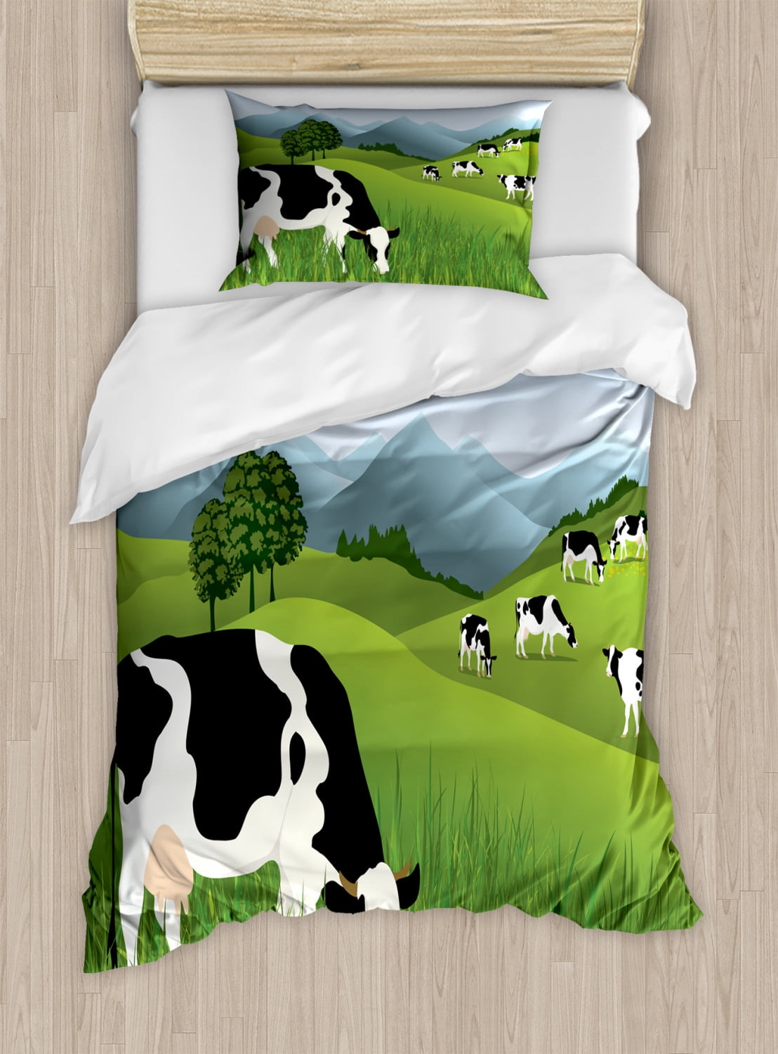 Cattle Twin Size Duvet Cover Set, Agriculture Theme Landscape with