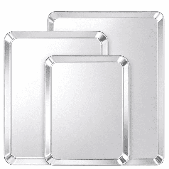 TINANA Baking Sheet Set of 3, Stainless Steel Cookie Sheet, Toaster Oven Baking Pan Set, Rectangle Size 10/13/16 inch, Mirror Finish & Rust Free, Dishwasher Safe