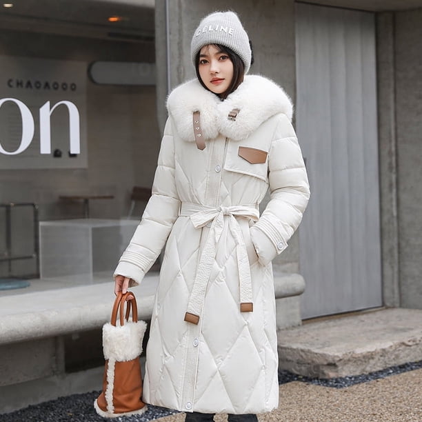 Chaqueta de plumón y algodón para mujer, corte ajustado, cuello de piel grande, estilo mediano a largo, chaqueta de algodón por encima de la rodilla, abrigo grueso