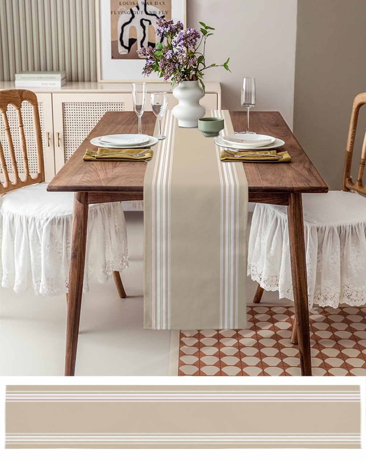 Ldtrchee Beige Striped Table Runner 72 Inches, Farmhouse Luxurious White Stripes Modern Abstract Art Bed Runner Dresser Scarves Tabletop for Indoor Outdoor Parties/Ceremony/Banquet, 14" x 72"