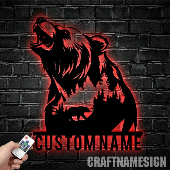 Craftnamesign Custom Roaring Bear Metal Wall Art LED Light, Custom Bear Name Sign