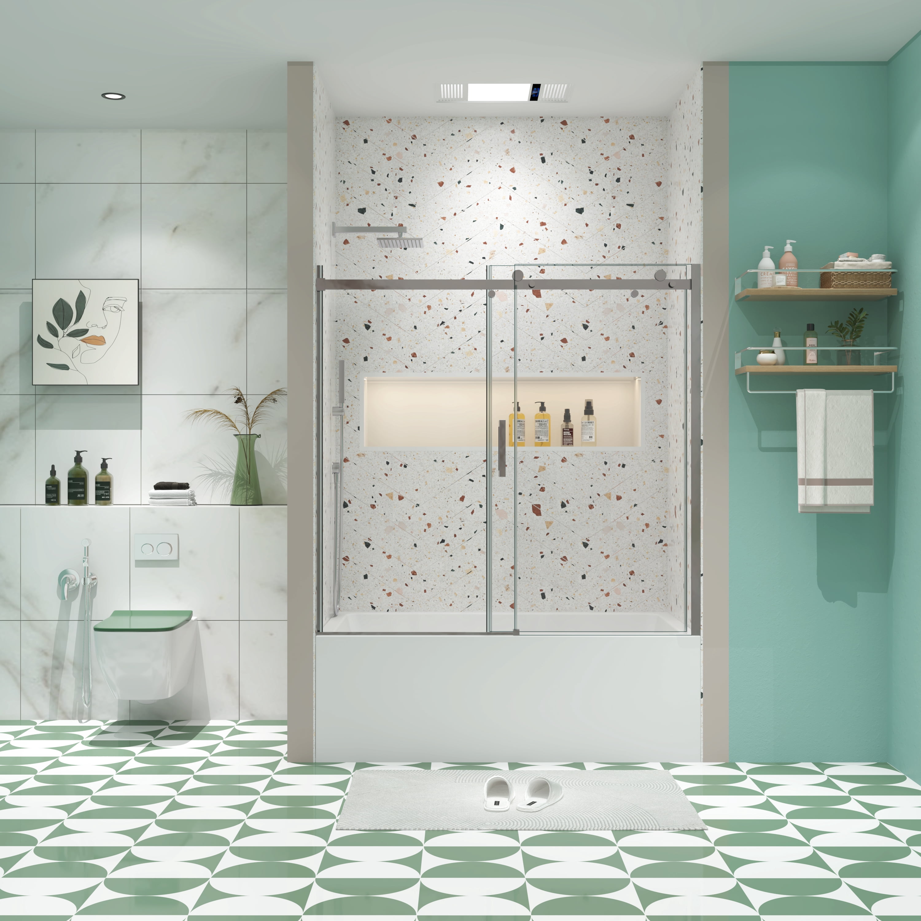 MAYEERTY 60*58" Sliding Bathtub Shower Door, 5/16"Tempered Glass & 8"Stainless Steel Handle, Chrome Silver