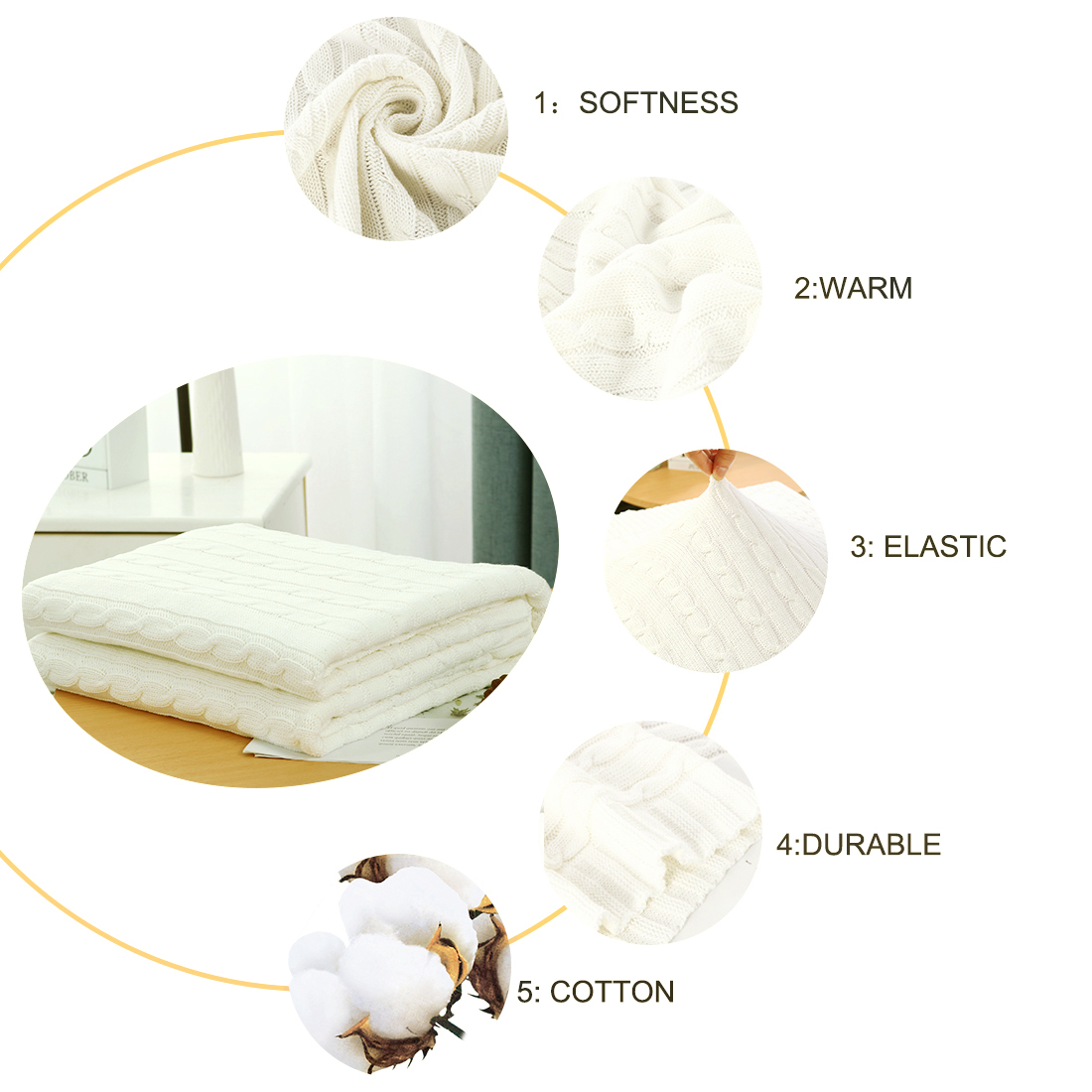 Unique Bargains 100% Cotton Cable Knit Throw Bed Blanket Beige 51" x 59"