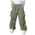 thumbnail image 2 of OOOUM Kids Cargo Pants Elastic Waist Solid Color Wide Leg Pants With Pocket Loose Fit Casual Straight Leg Jeans For Hiking Running Dark Green 9-10 Years, 2 of 9
