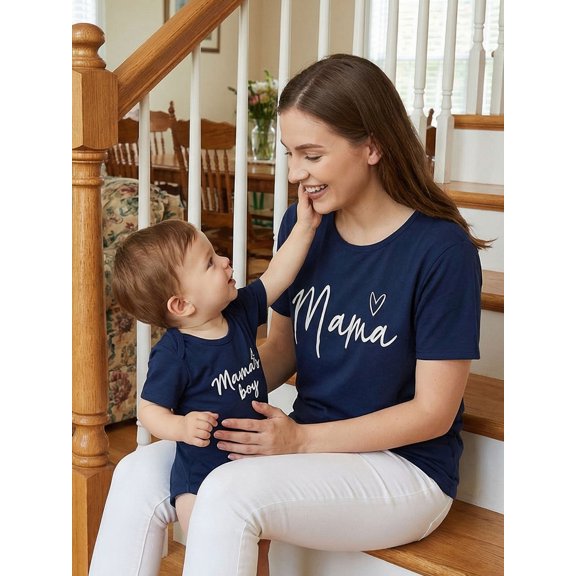 Mommy and Me Matching Shirts Fashionable Letters Printed Short Sleeve Crew Neck Tops