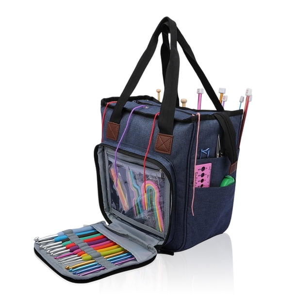 Bolsa de tejer, bolsa de ganchillo, bolsa de hilo de tamaño mediano, organizador de bolsa de ganchillo para hilo/ganchos/agujas/accesorios de ganchillo, (azul)