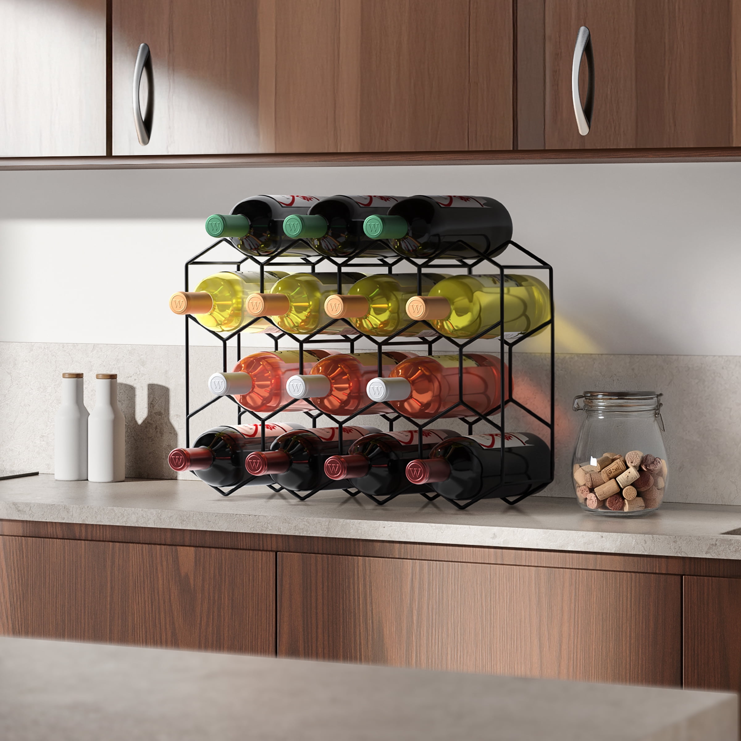 Sorbus 14-Bottle Stackable Metal Wine Rack Black Honeycomb Countertop Storage