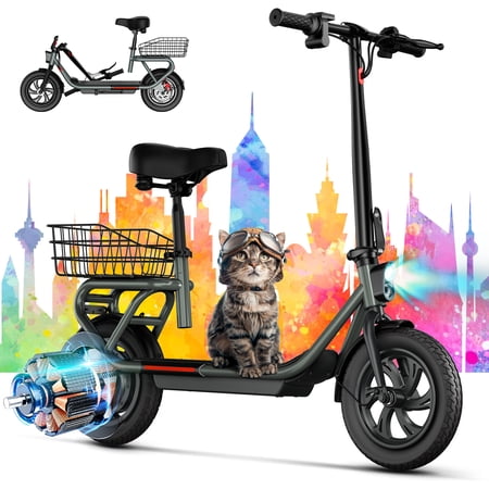 TST Electric Scooter with Seat for Adults, Foldable Electric Scooter with Basket, Max 16 Mph, Peak 500W Motor, 20 Miles Range, 12" Pneumatic Tire Commuter E Scooter