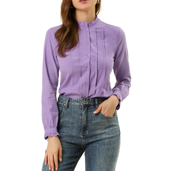 INSPIRE CHIC Women's Lace Mock Neck Long Sleeve Cotton Button-Down Shirt