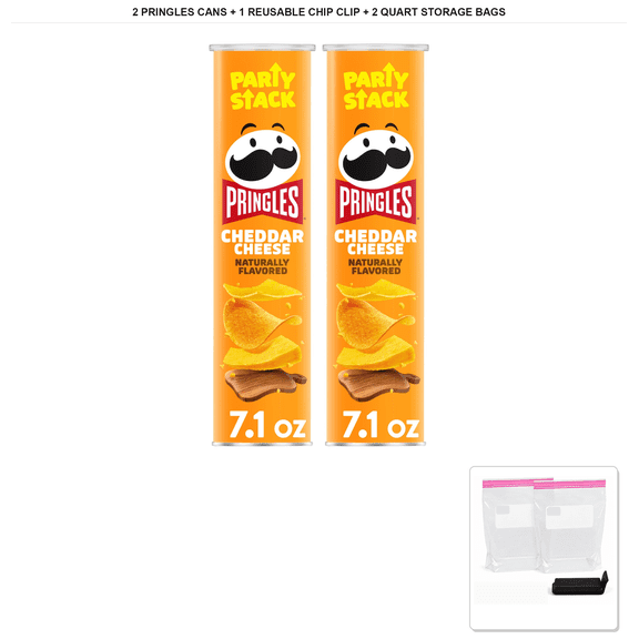 Pringles Potato Crisps, Party Stack, Cheddar Cheese, 2 Cans x 7.1 oz + 1x Reusable Chip Clip & 2x Quart Resealable Food Storage Bags
