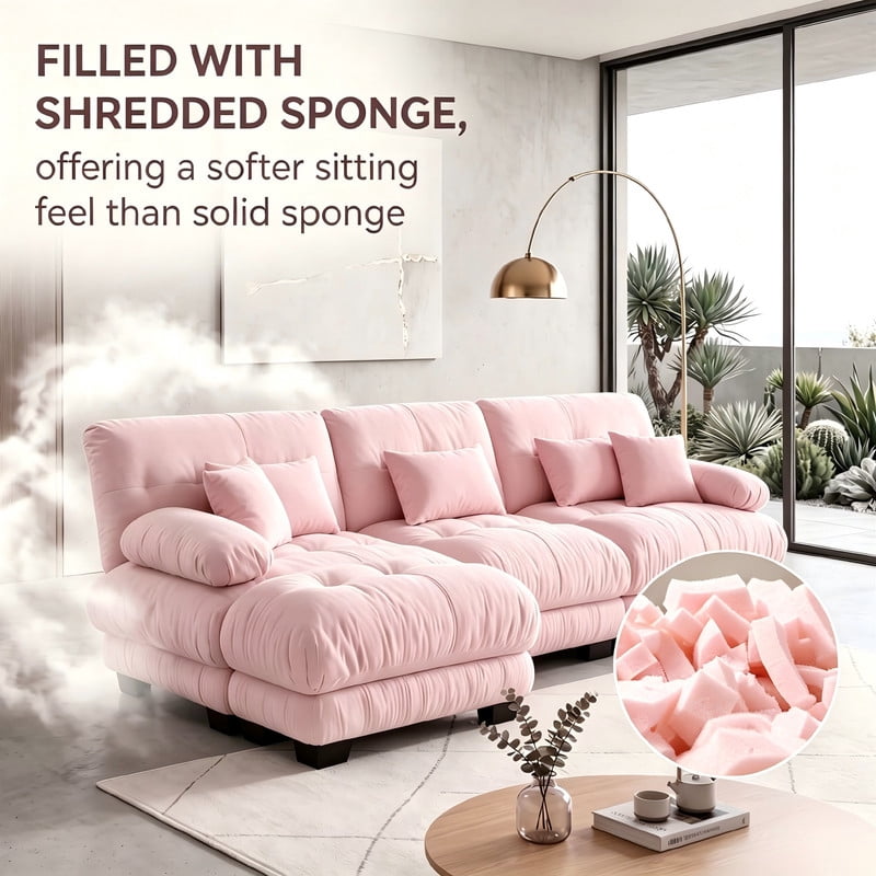 ANPPORT Cloud Couch Sleeper Sofa, Chenille Pink 3-Seater Modular Sofa with 1 Ottomans, 3 Lumbar pillows, 2 Pillows, Comfy Deep Seat Cloud Sofa, Convertible L-Shaped Floor Couch for Living Room